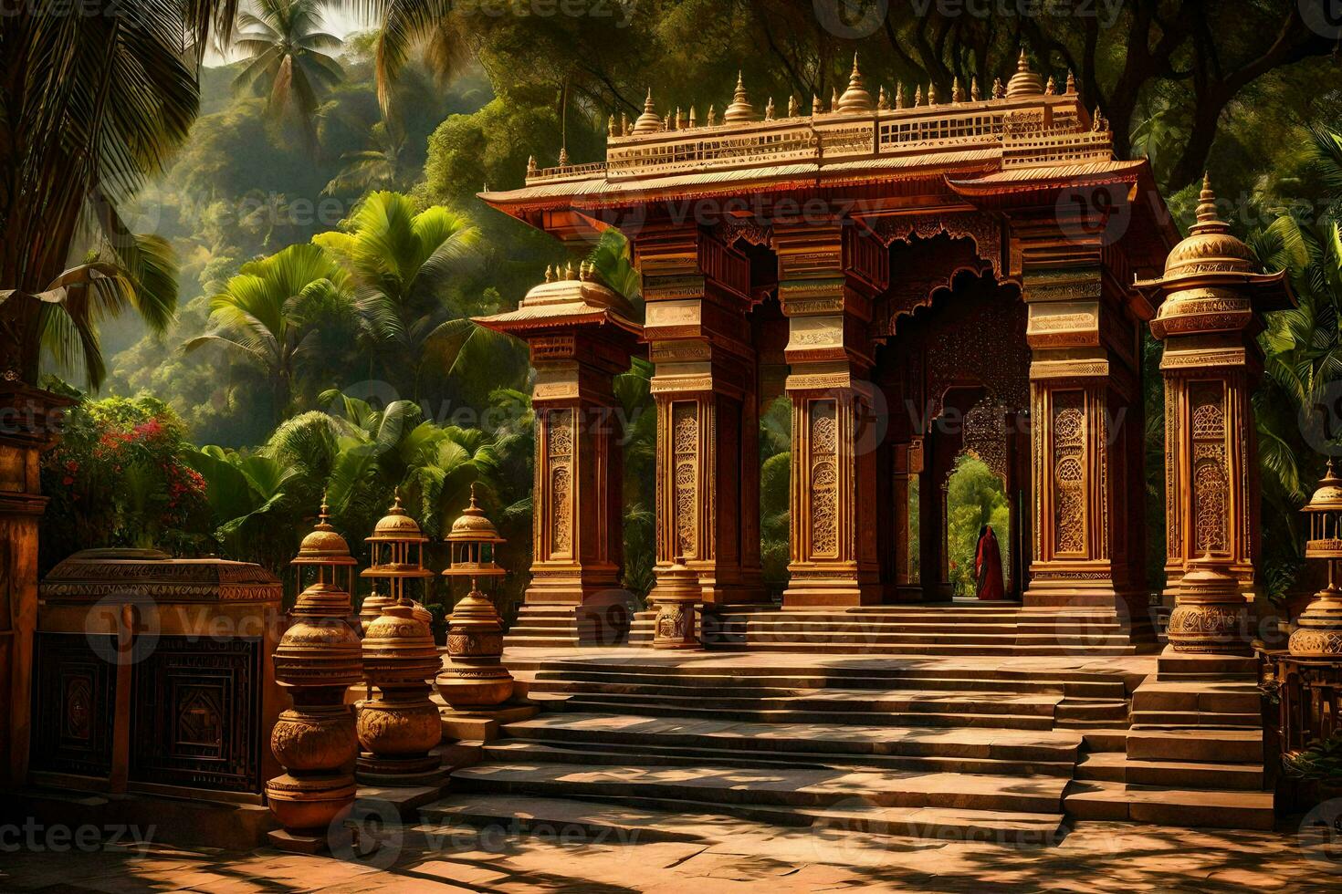 an image of a temple in the jungle. AI-Generated photo