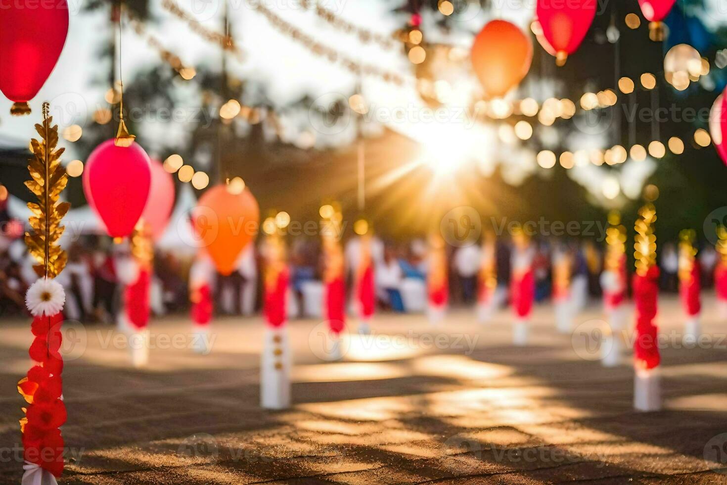 many colorful balloons are hanging from the ceiling. AI-Generated photo