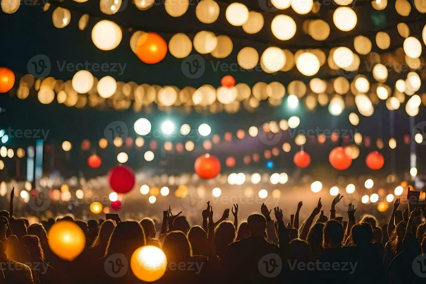 people at a music festival with lights and balloons. AI-Generated photo