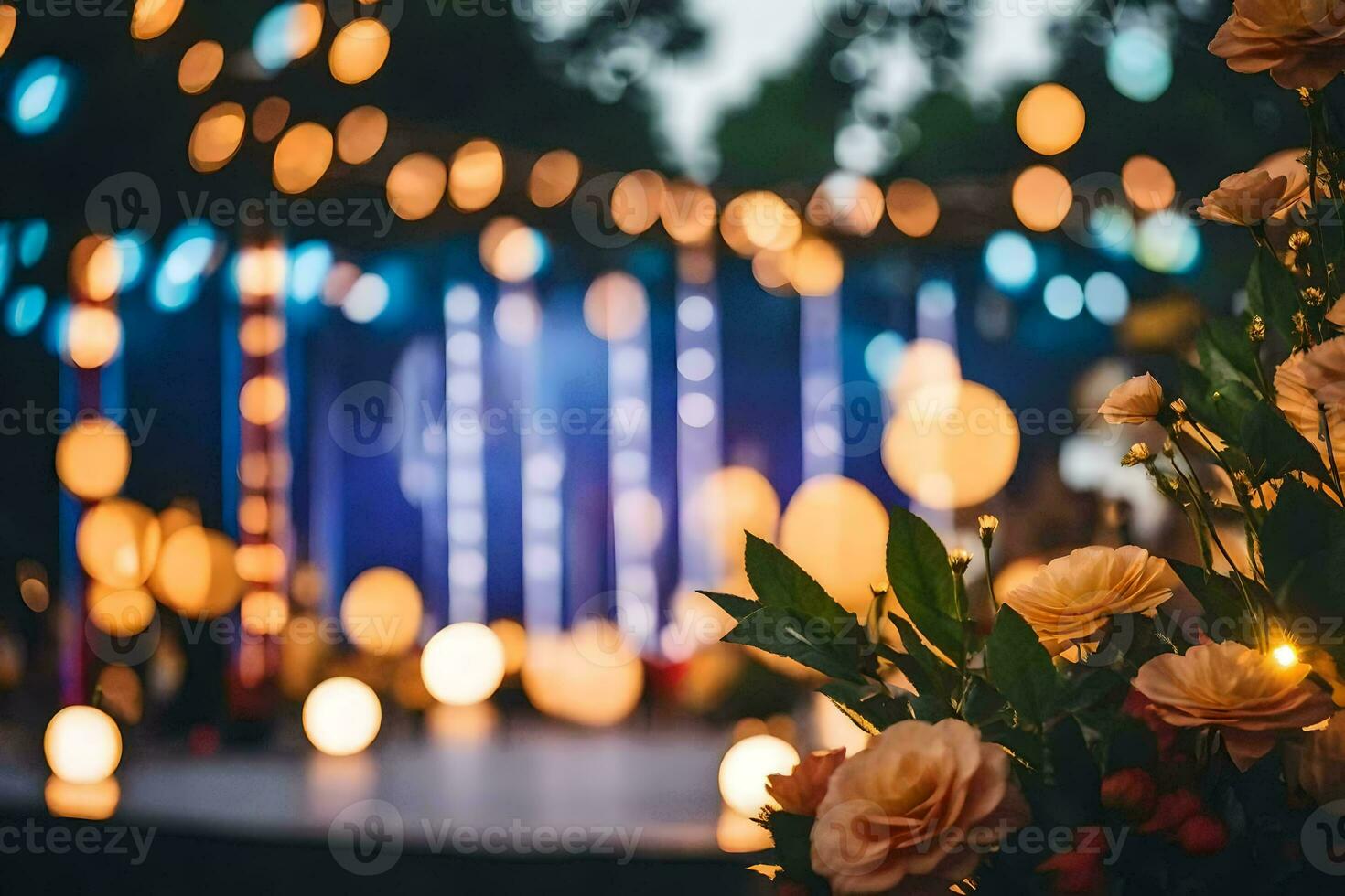 flowers and lights in front of a stage. AI-Generated photo