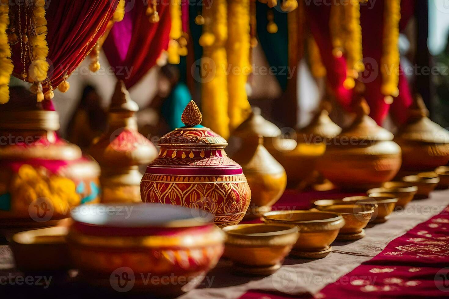 a table with many colorful pots and bowls. AI-Generated photo