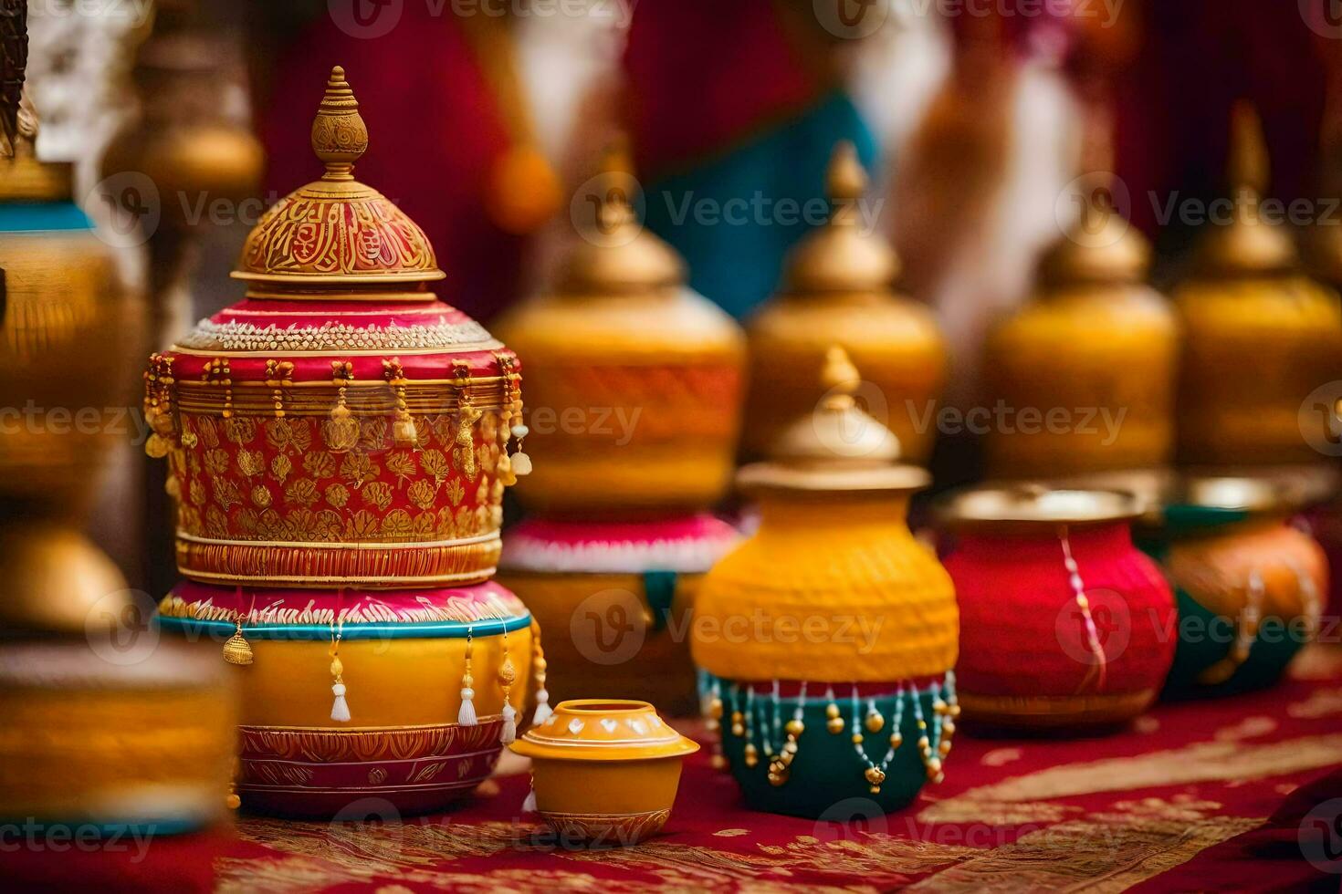 colorful vases and pots on a red table. AI-Generated photo