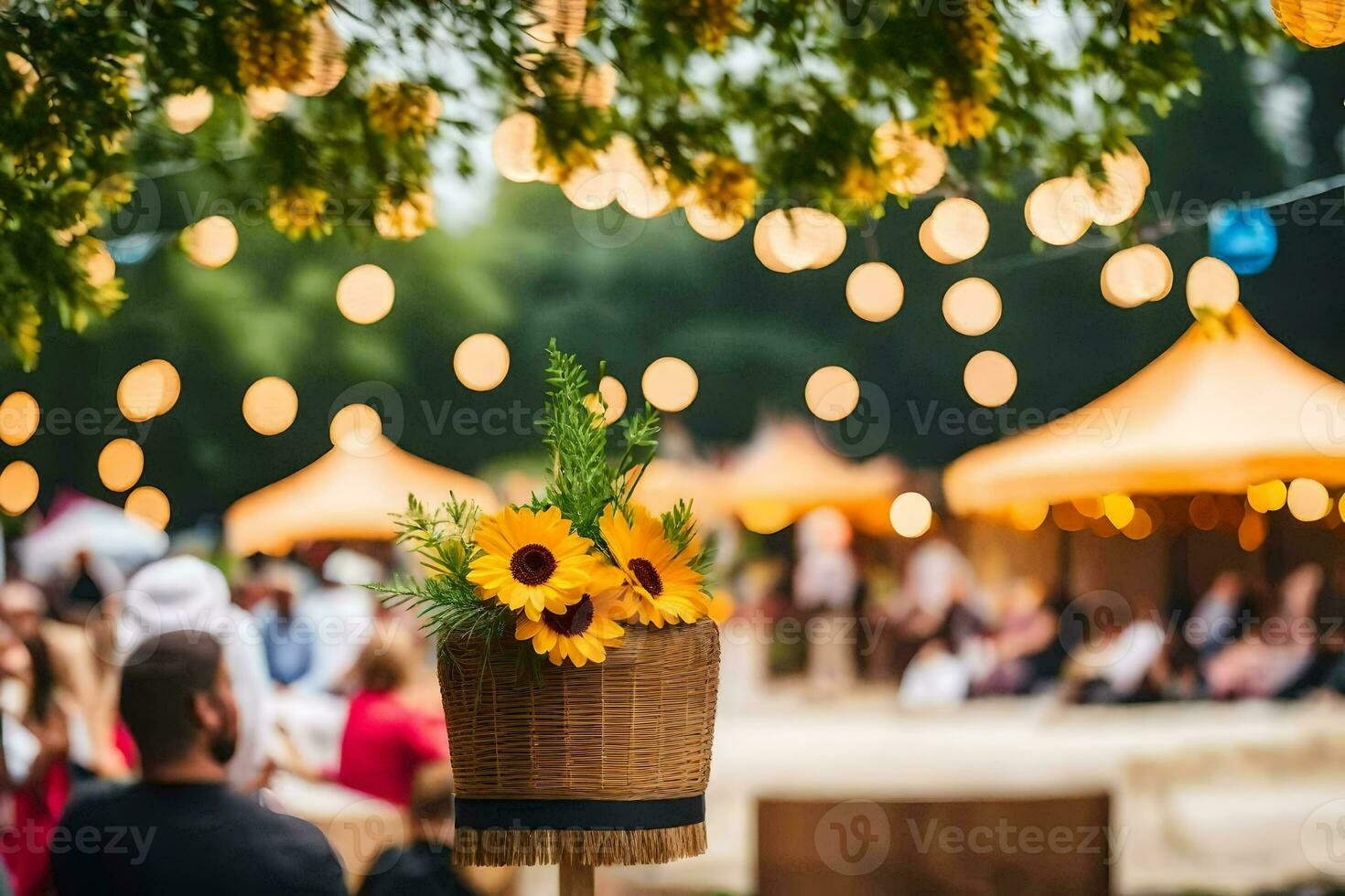 a basket with sunflowers in it is on a table in front of people. AI-Generated photo