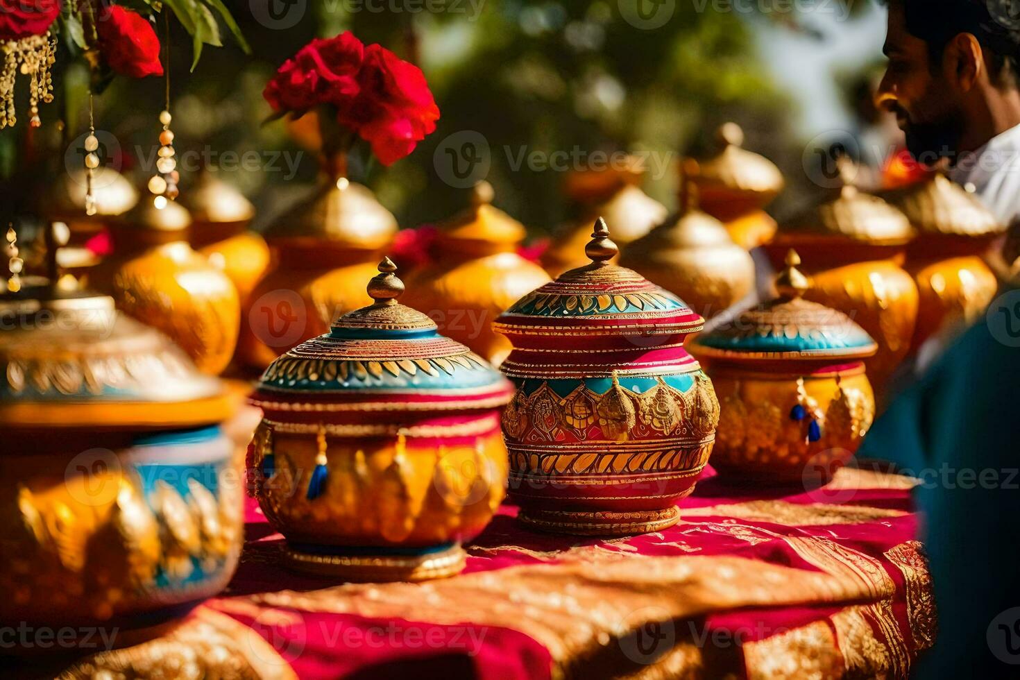 a table with many colorful pots on it. AI-Generated photo