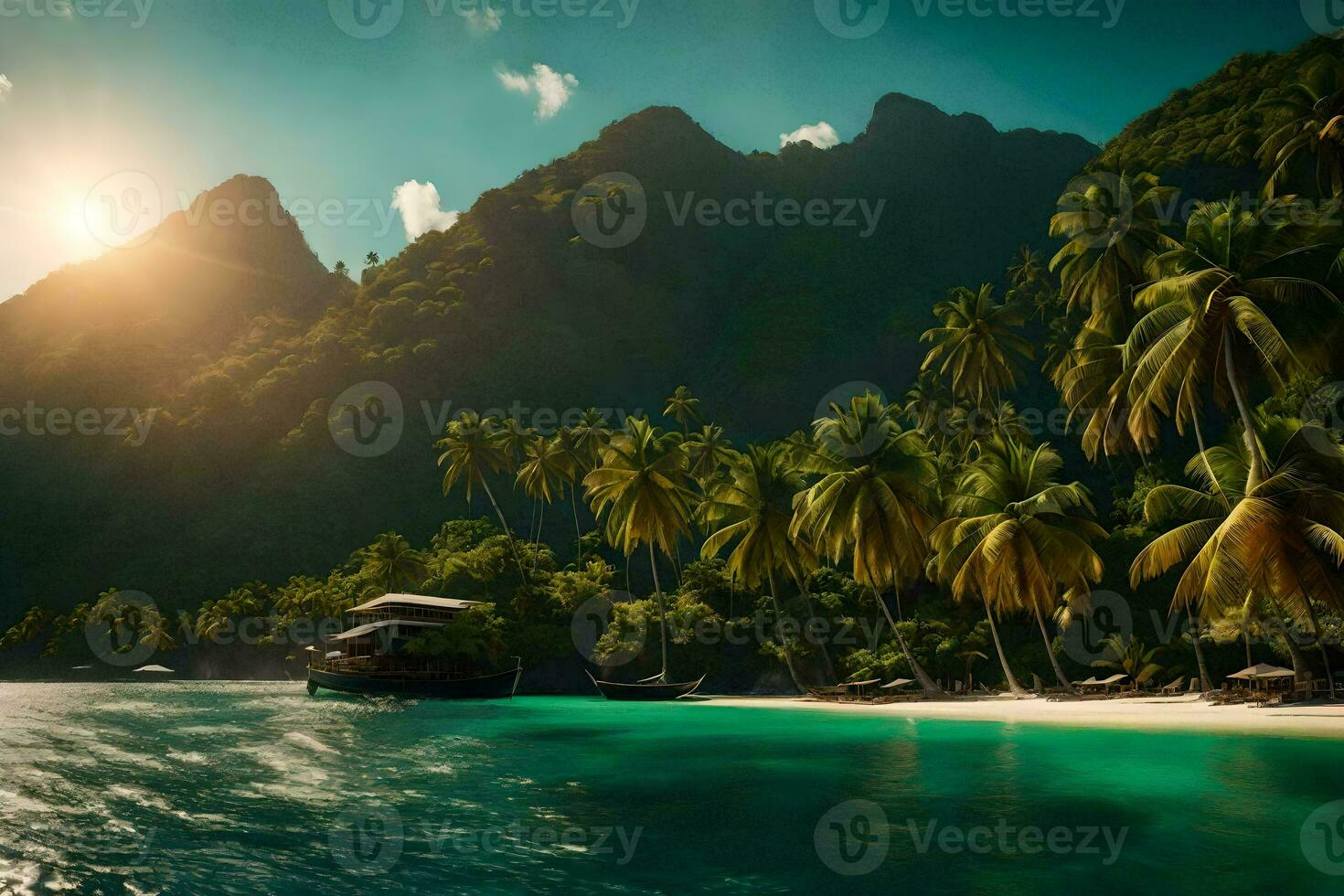 tropical island with palm trees and a boat in the water. AI-Generated photo