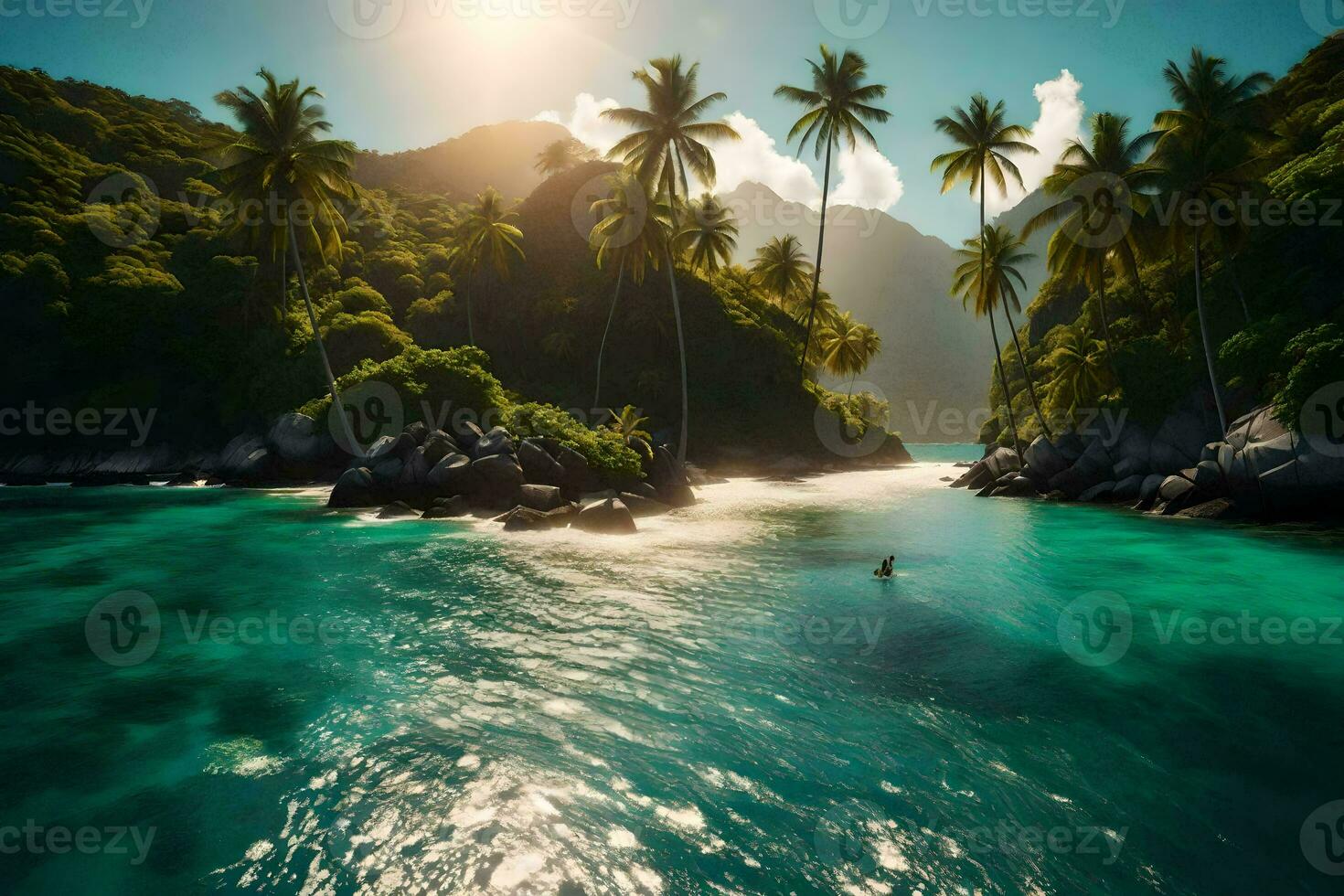 a tropical island with palm trees and water. AI-Generated photo