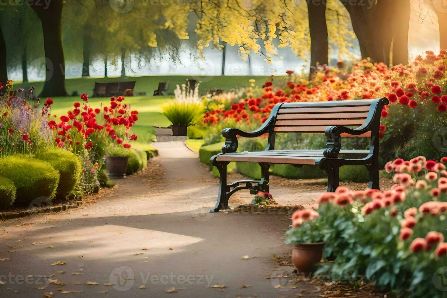 a park bench is surrounded by flowers and trees. AI-Generated photo