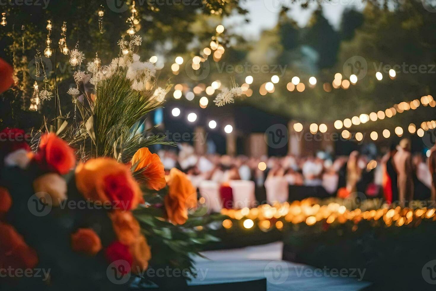a wedding reception with orange flowers and string lights. AI-Generated photo