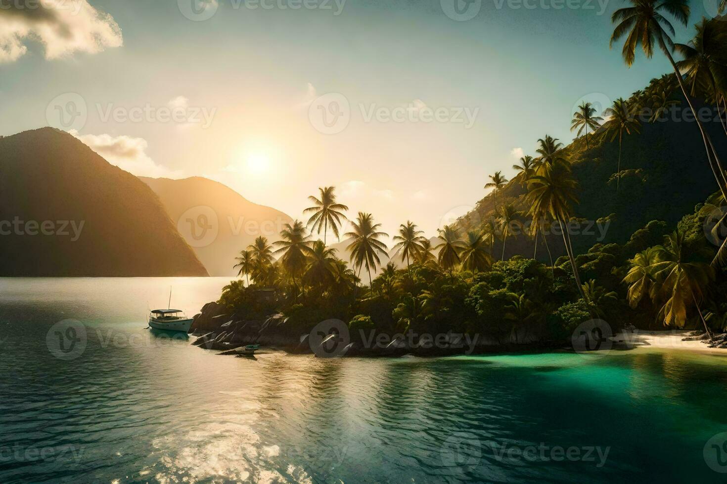 a tropical island with palm trees and a boat. AI-Generated photo