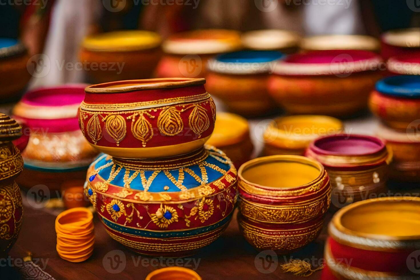 colorful pots and bowls on display at an indian wedding. AI-Generated photo