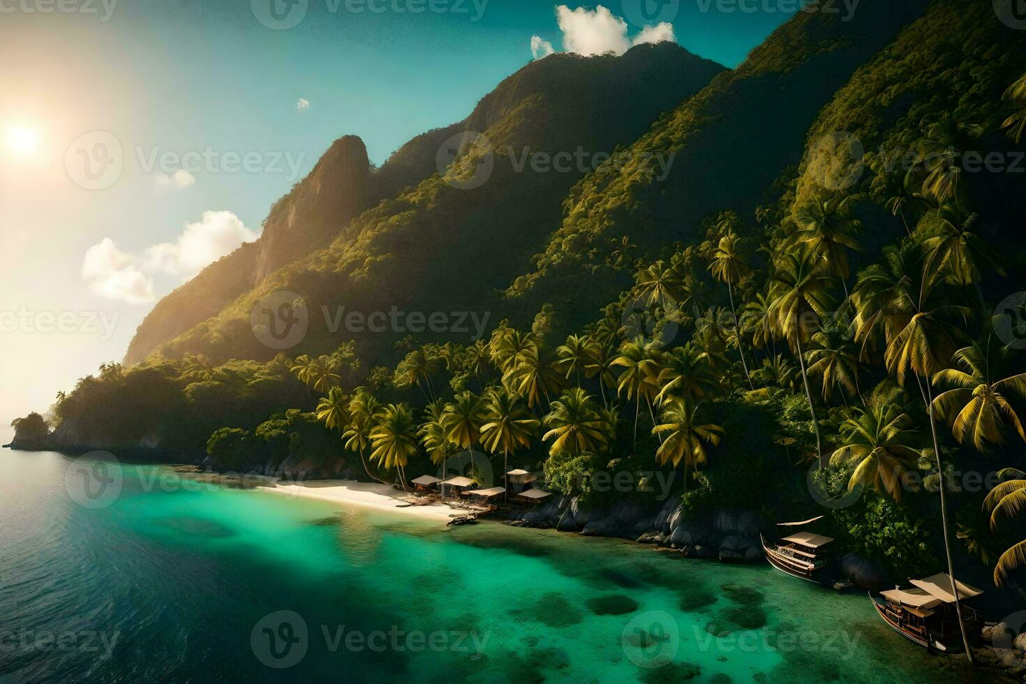 tropical island with palm trees and a beach. AI-Generated photo