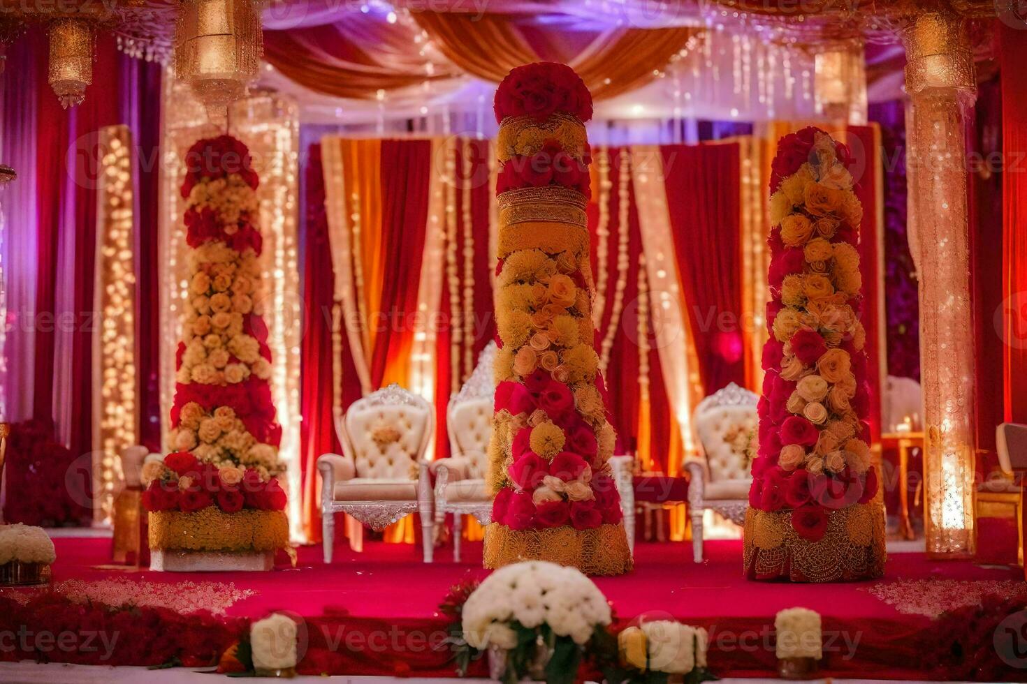 an indian wedding ceremony with red and gold decorations. AI-Generated photo