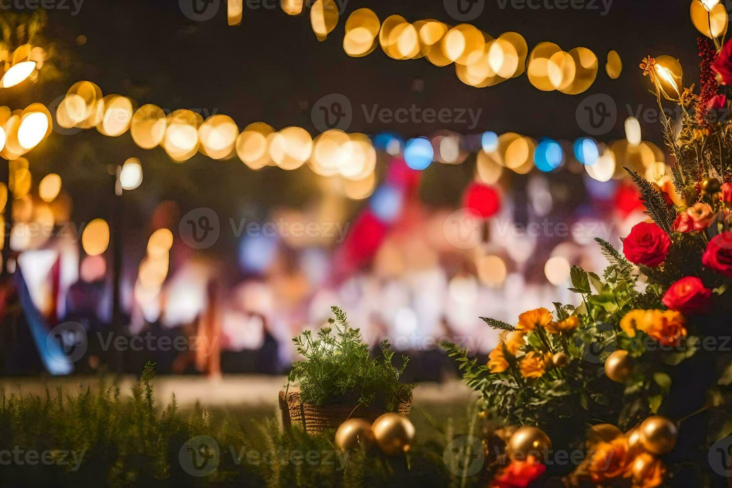 un flor arreglo en un parque a noche. generado por ai foto