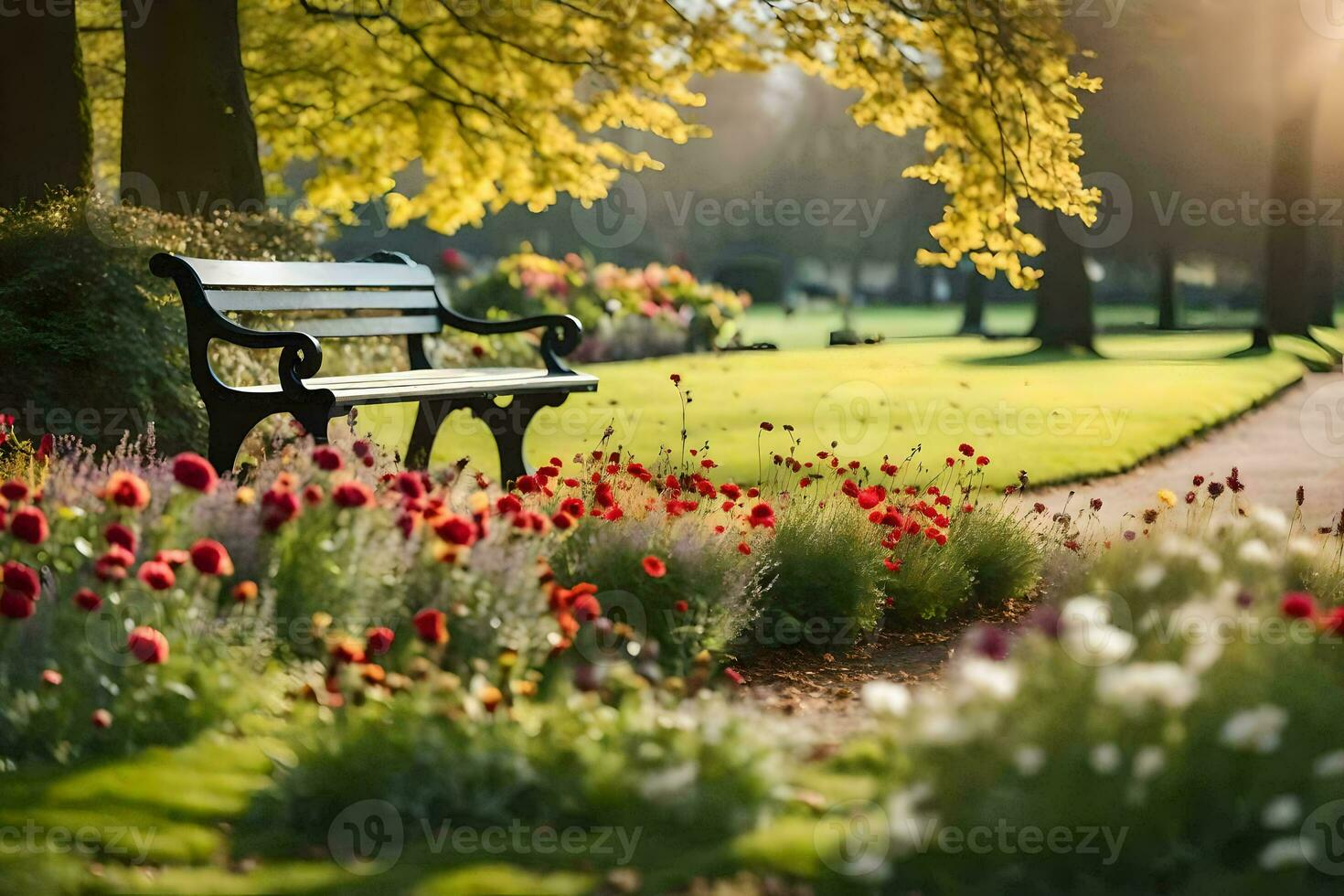 a park bench is surrounded by flowers and trees. AI-Generated photo