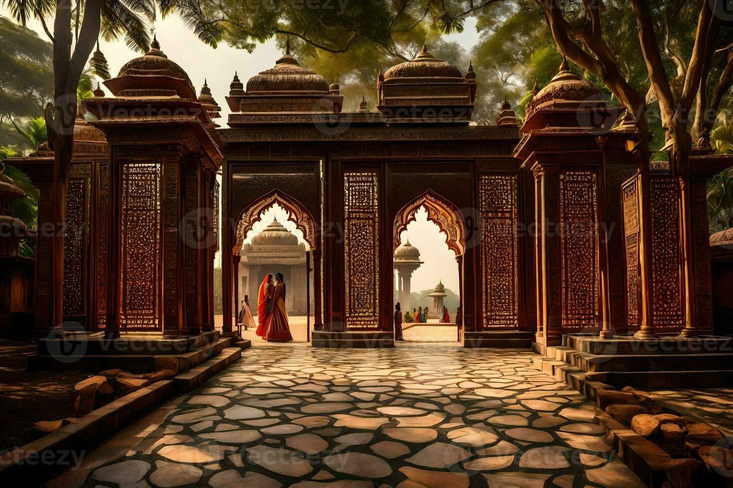 a woman in red is walking through an archway. AI-Generated photo