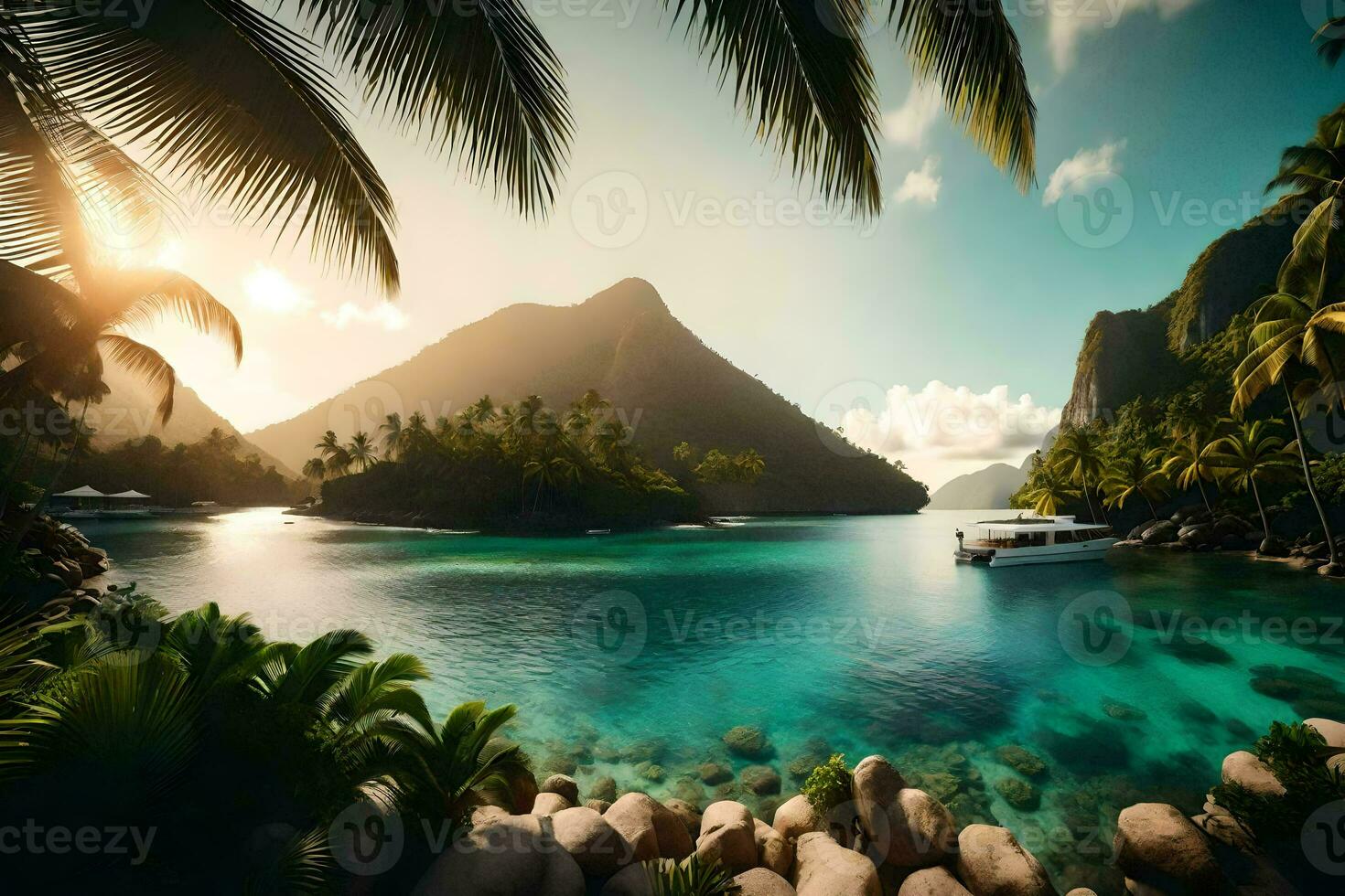 a boat in the ocean surrounded by palm trees and mountains. AI-Generated photo