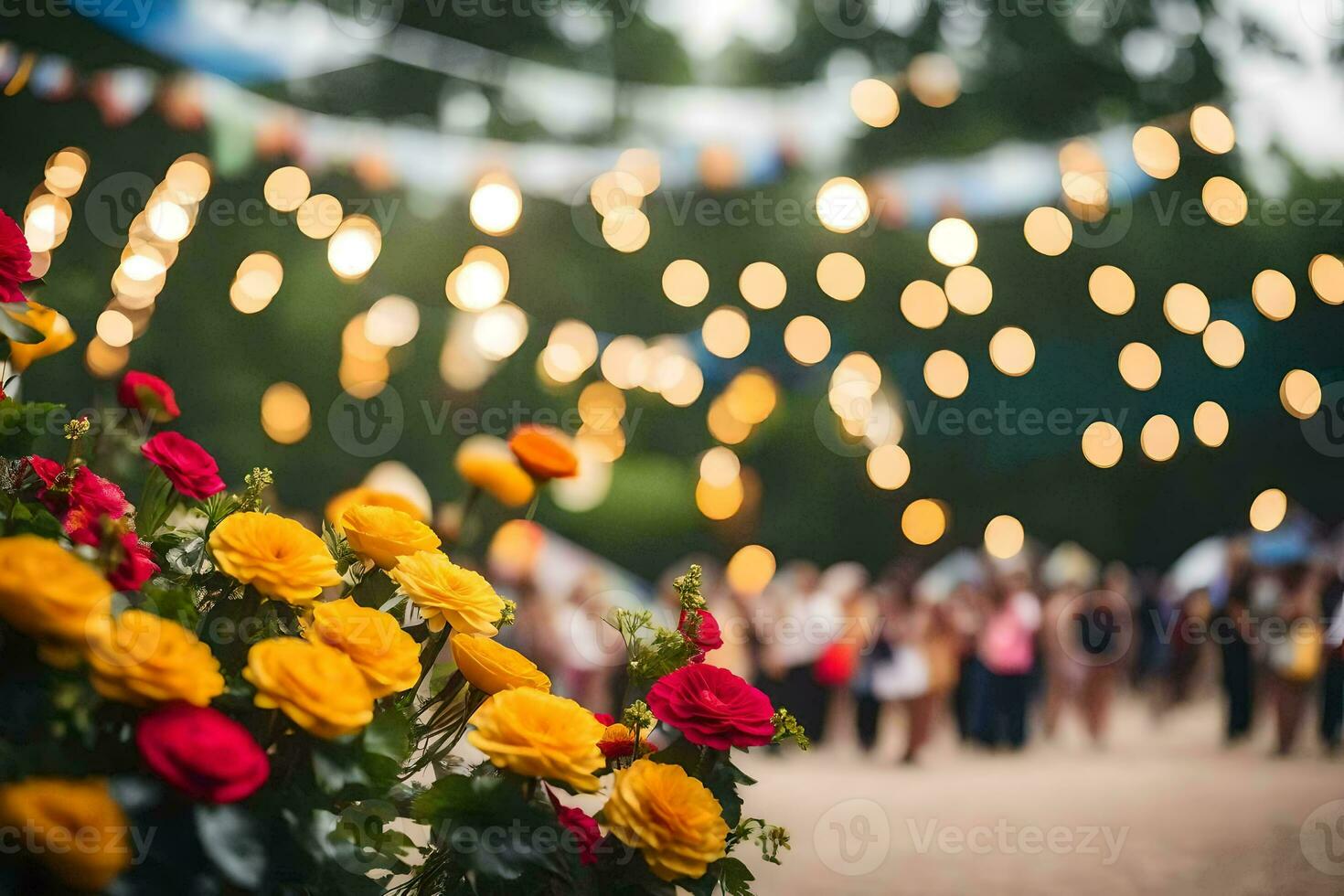 flowers in a field with people in the background. AI-Generated photo