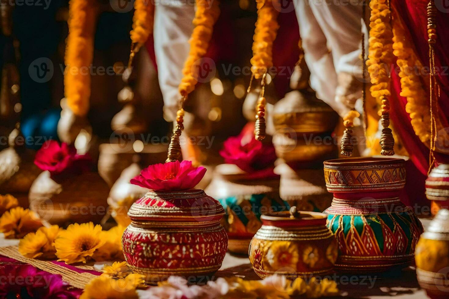 indian wedding decor with colorful pots and flowers. AI-Generated photo