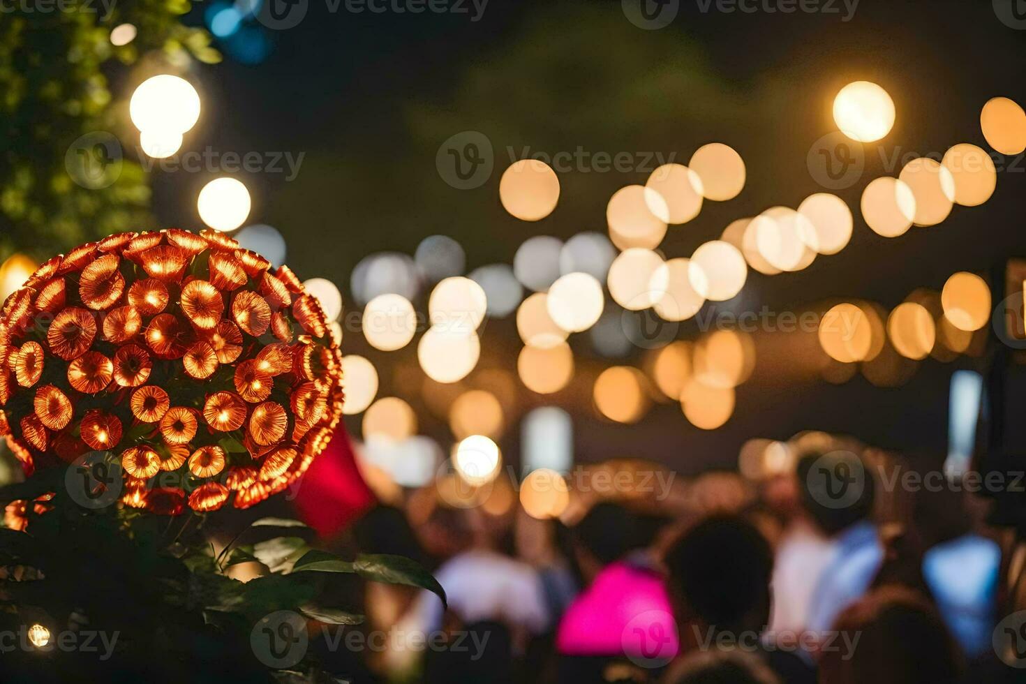 a large ball of lights in the middle of a crowd. AI-Generated photo