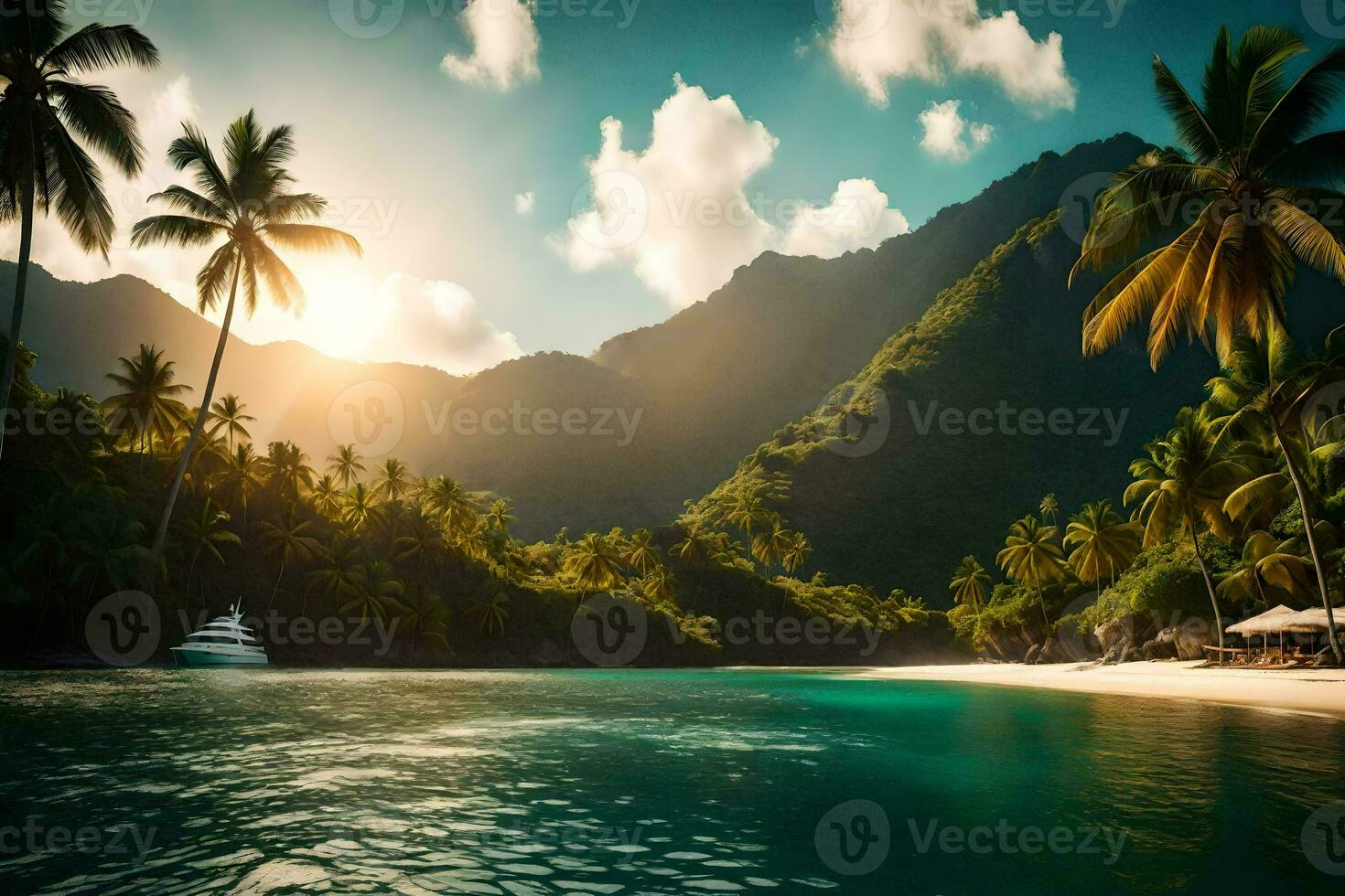 a tropical beach with palm trees and a boat. AI-Generated photo