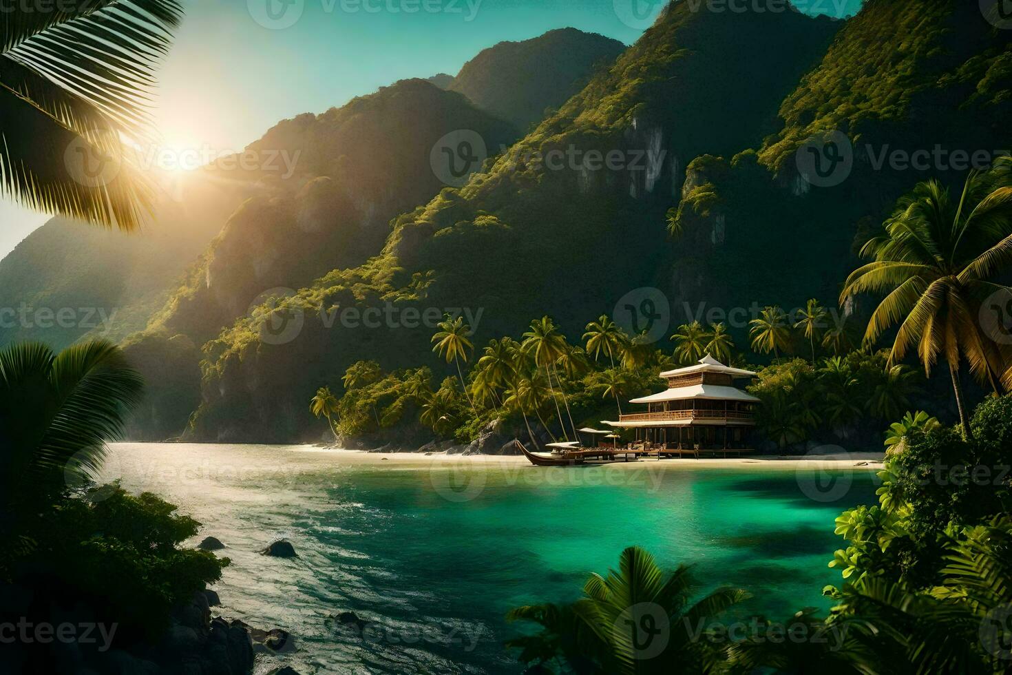 a tropical island with palm trees and a house on the beach. AI-Generated photo