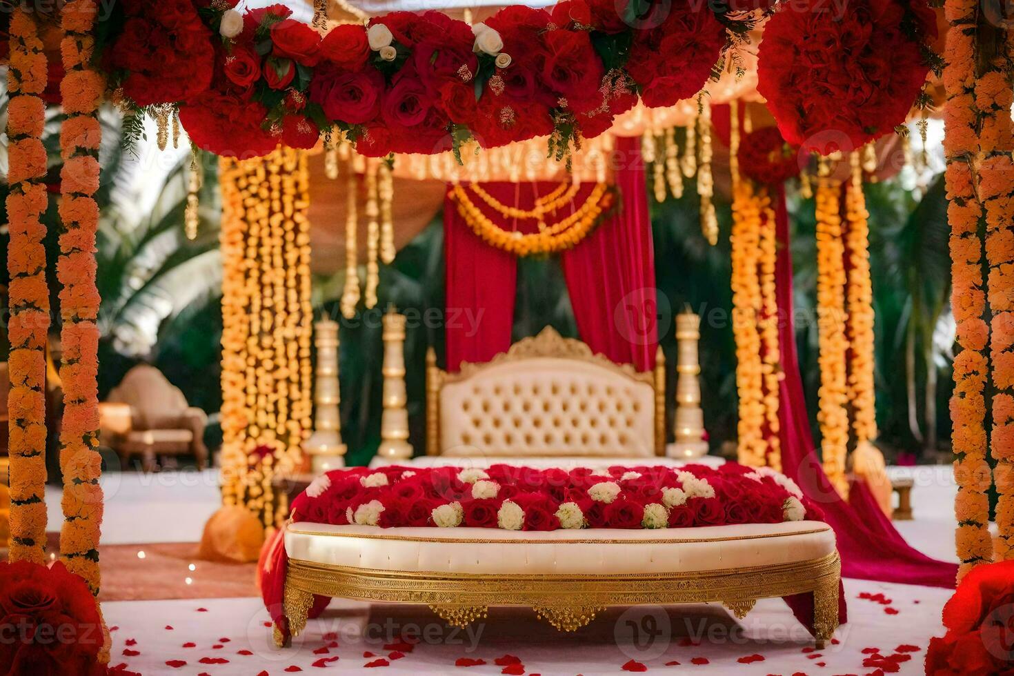 a red and gold wedding ceremony with a canopy bed. AIGenerated