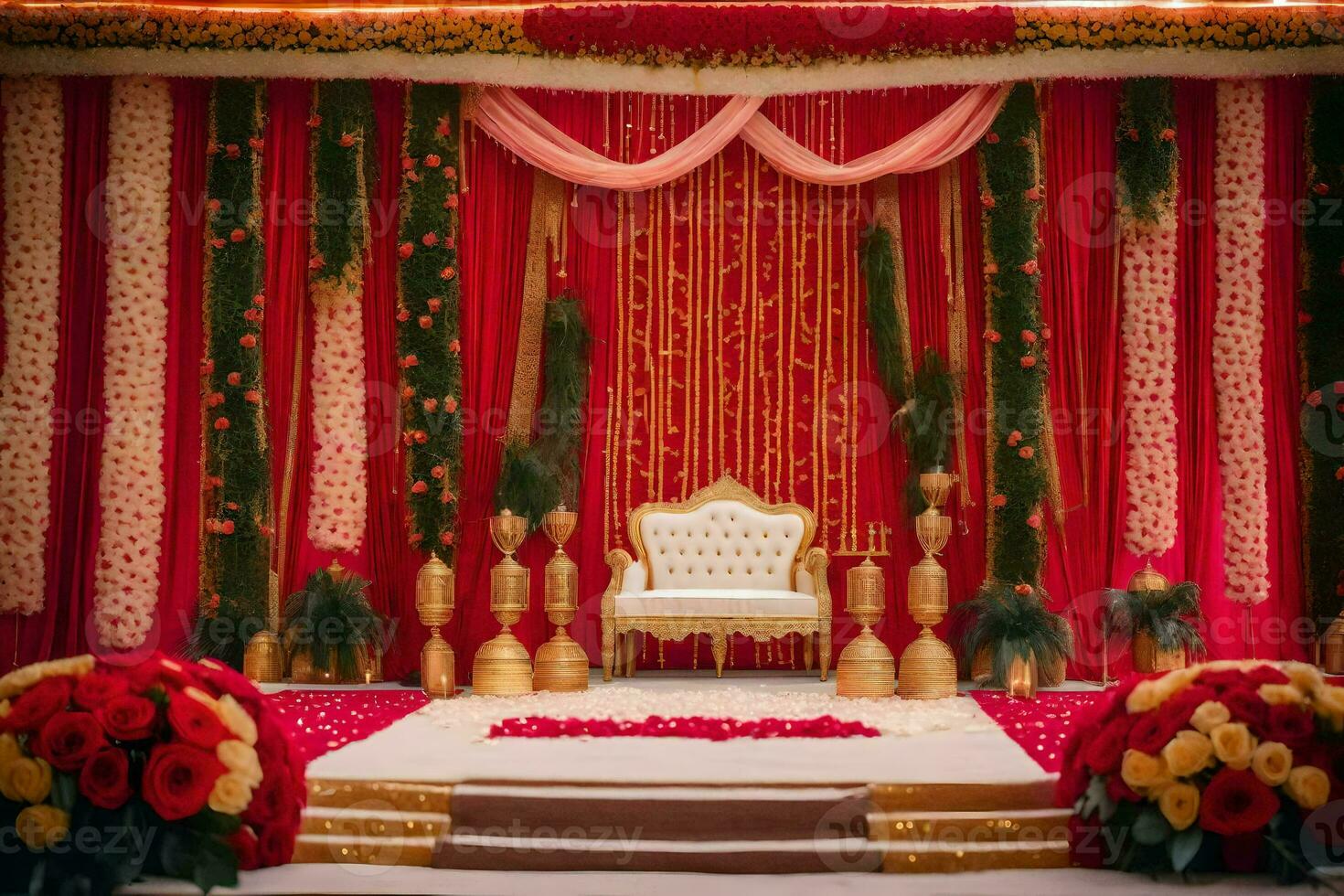 a wedding stage decorated with red and gold flowers. AI-Generated photo