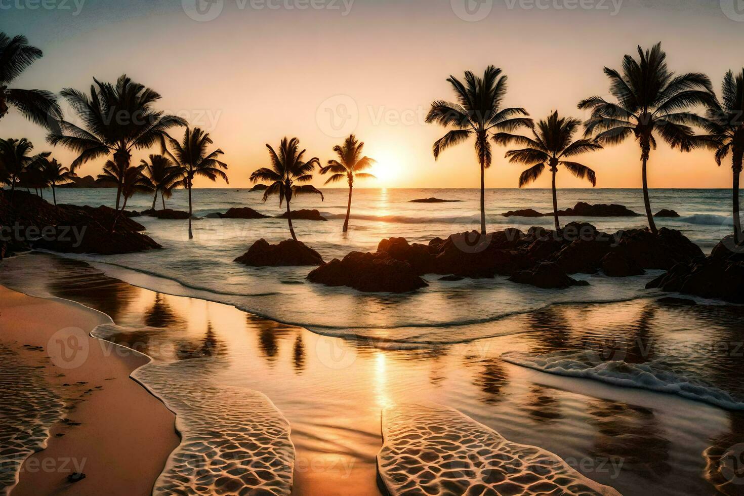 the sun sets on the beach in hawaii. AI-Generated photo