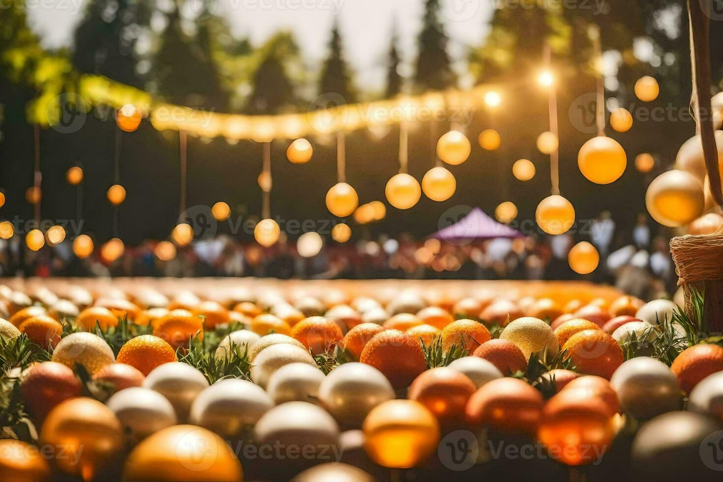 un campo de naranja y amarillo pelotas en el medio de un bosque. generado por ai foto