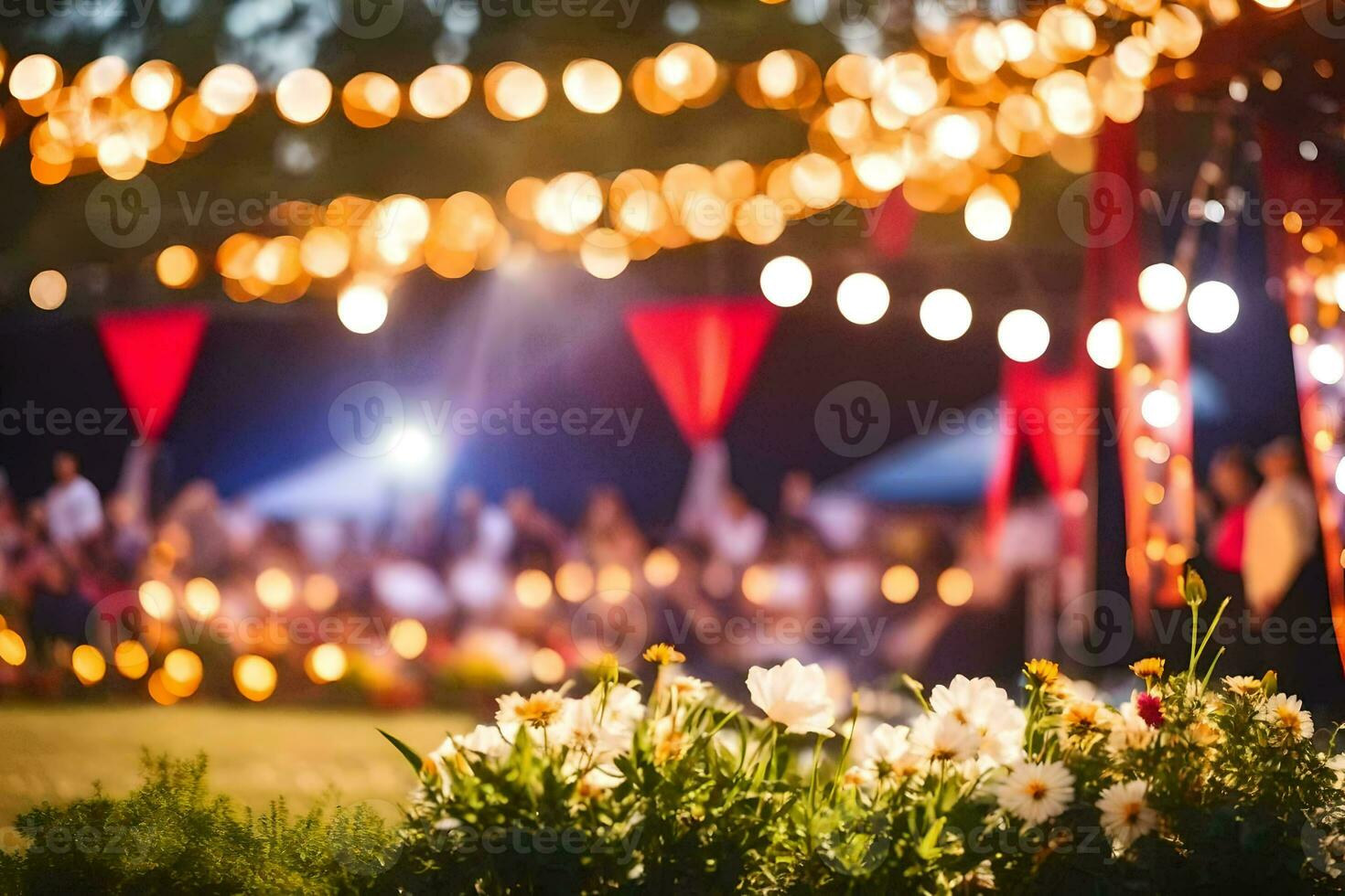 a wedding reception with lights and flowers. AI-Generated photo