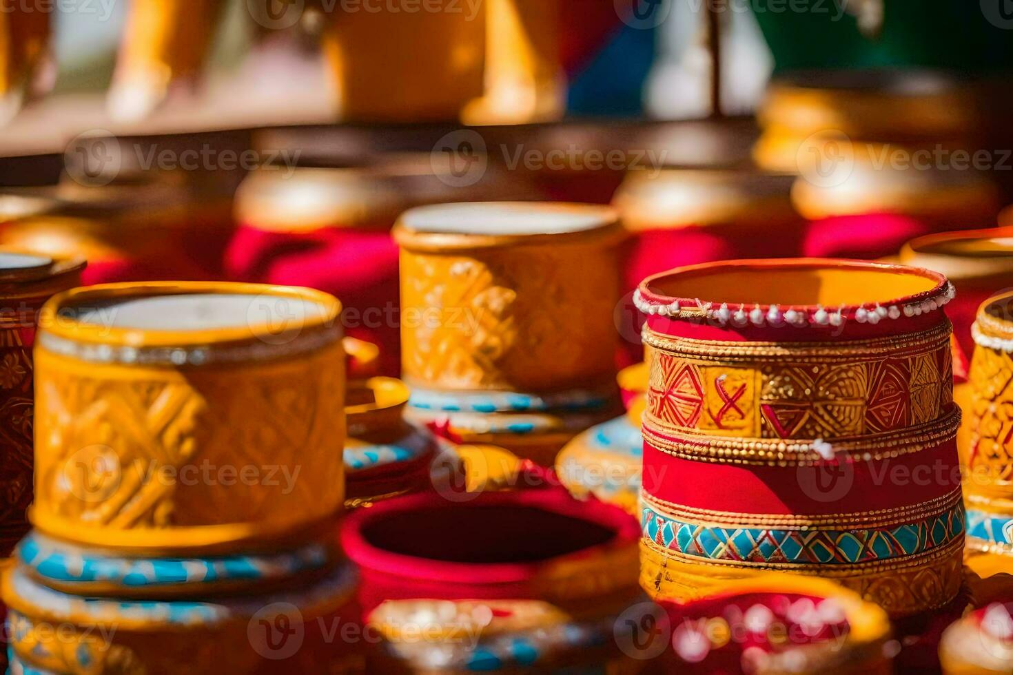 colorful pots and bowls are displayed in a market. AI-Generated photo