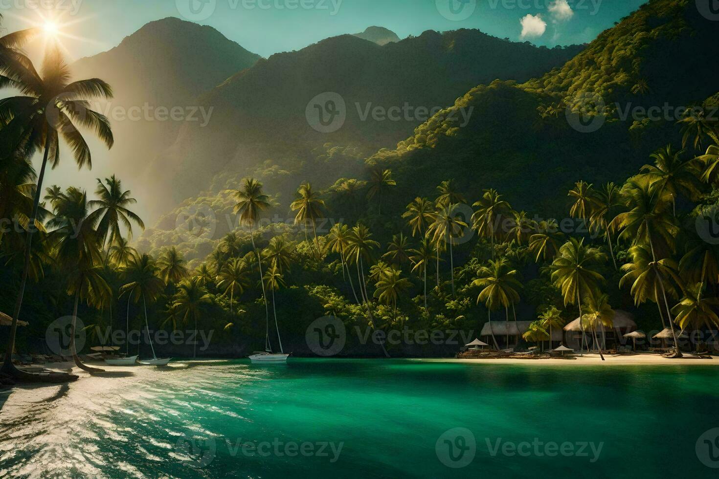 a tropical island with palm trees and water. AI-Generated photo