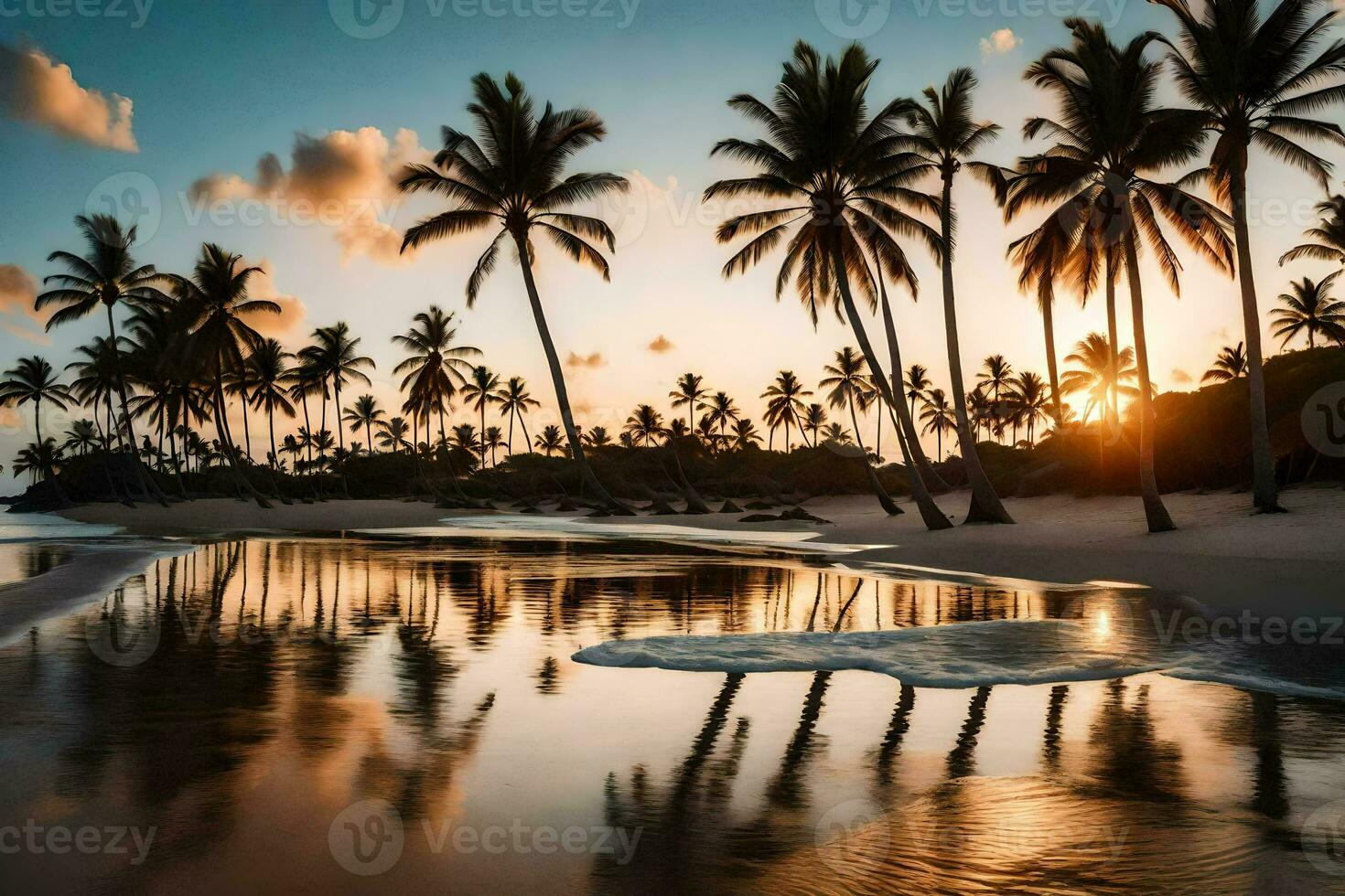 el Dom conjuntos en un playa con palma arboles y agua. generado por ai foto