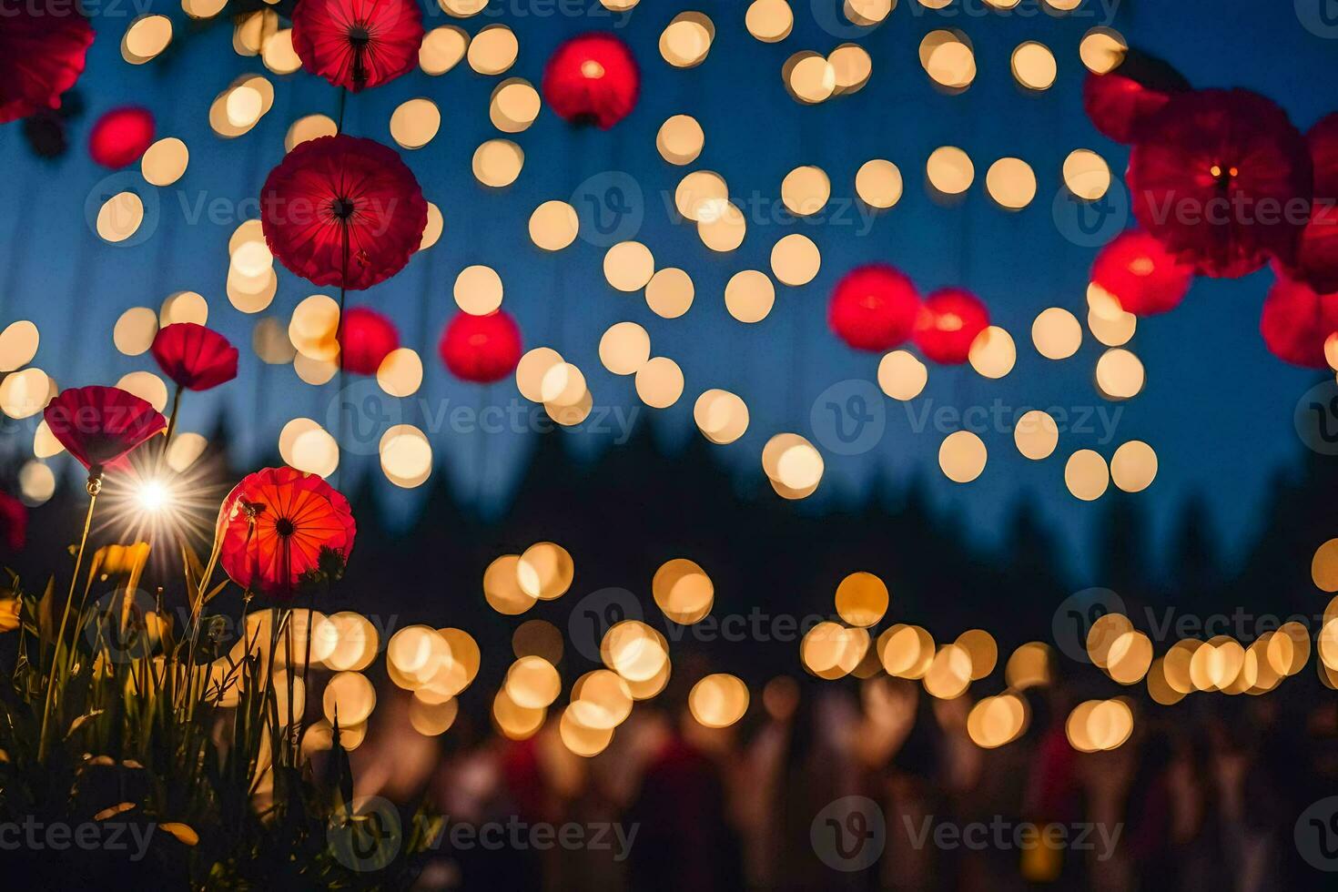 red poppies and lights in the night. AI-Generated photo