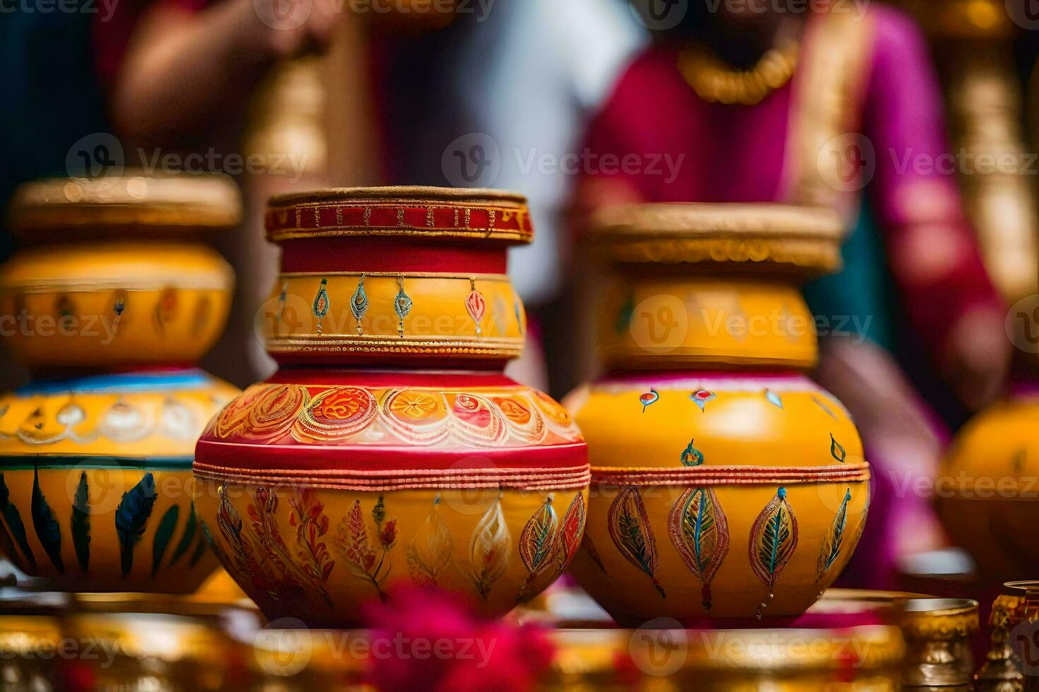 a group of colorful pots sitting on a table. AI-Generated photo