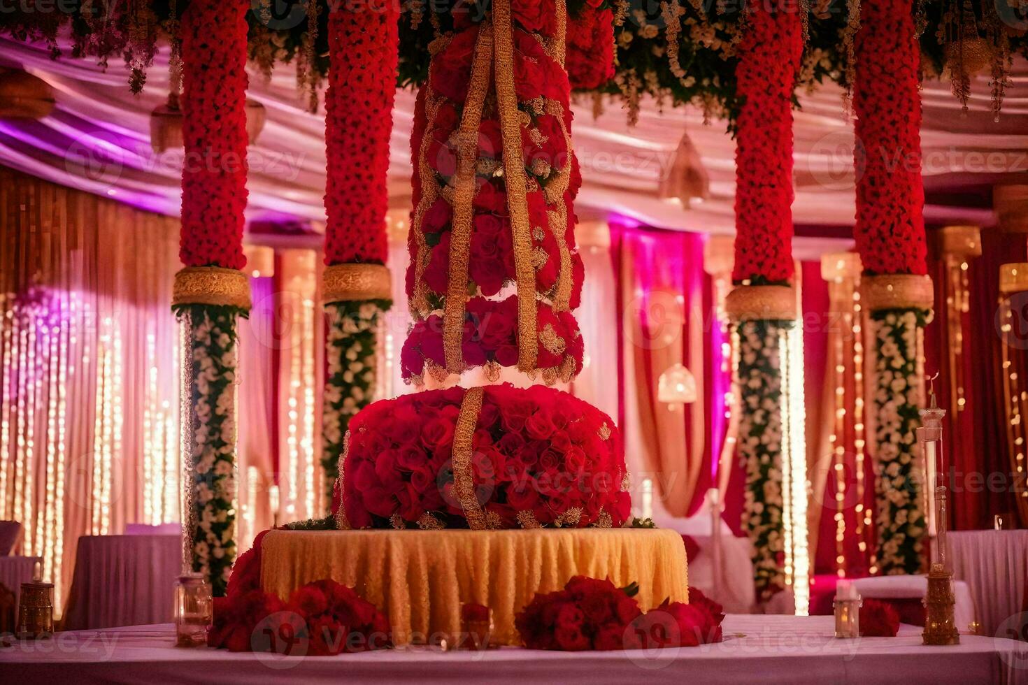 a wedding reception with red and gold decorations. AI-Generated photo