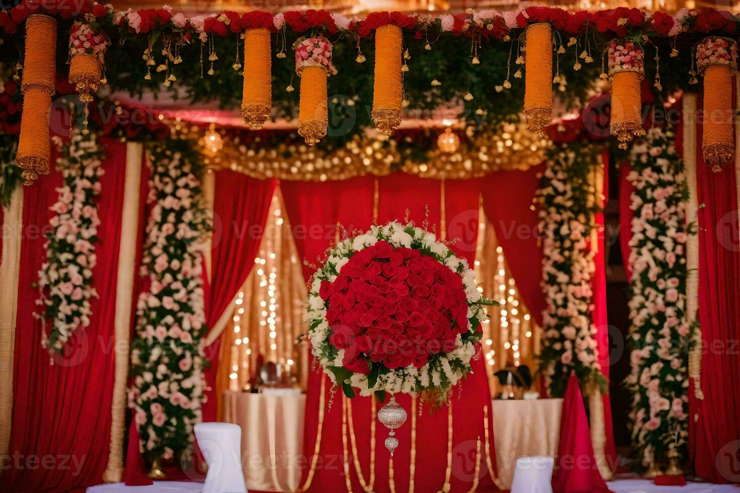 a red and gold wedding ceremony with flowers and garlands. AI-Generated photo
