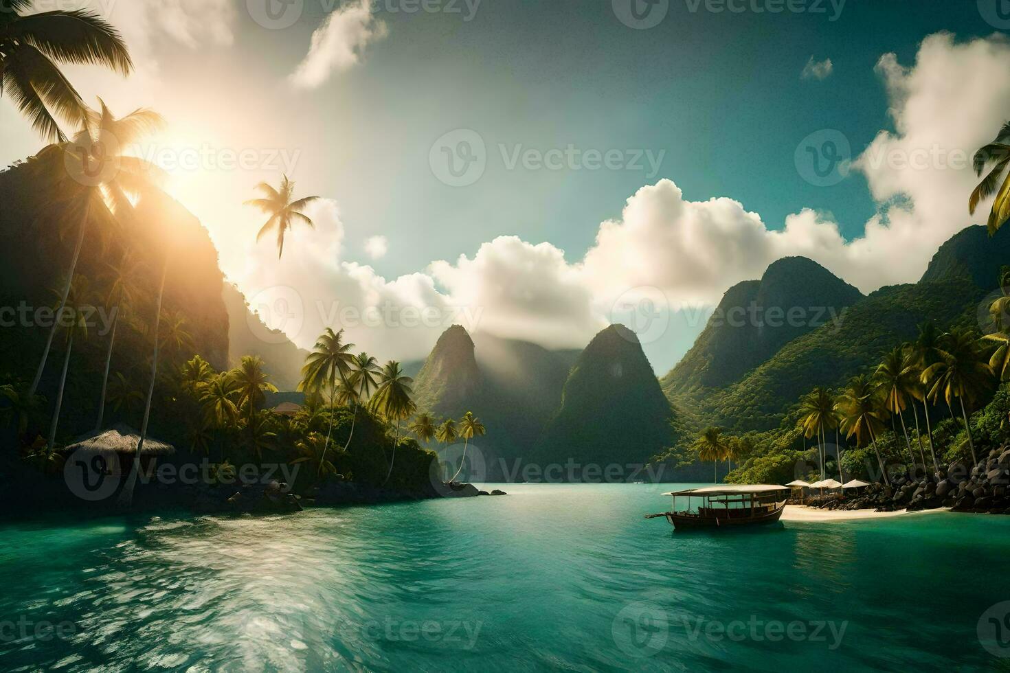 the sun shines over a tropical island with palm trees and boats. AI-Generated photo