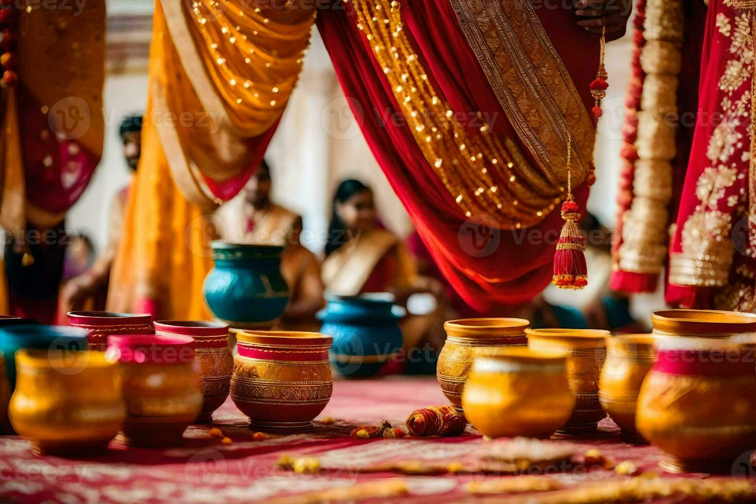 indian wedding ceremony with colorful pots and vases. AI-Generated photo