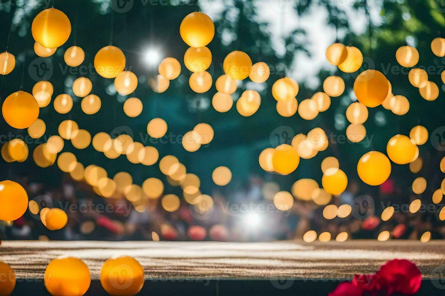 yellow balloons on stage with a red rose. AI-Generated photo