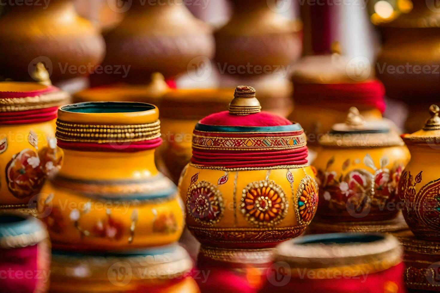 many colorful pots are on display in a store. AI-Generated photo