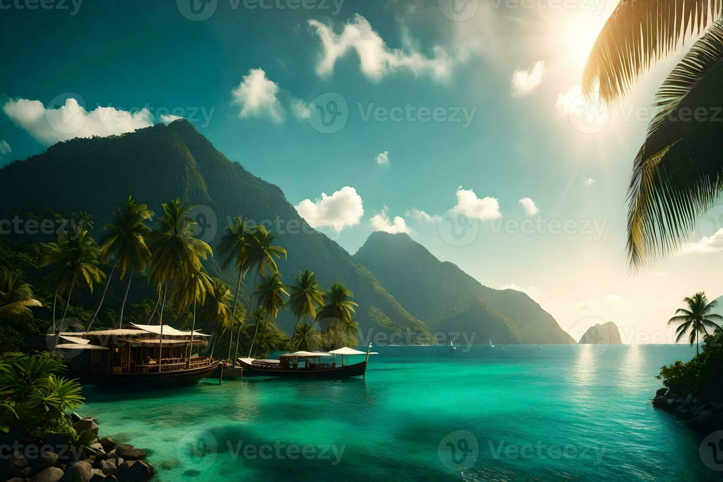 the sun shines on the ocean and mountains in the background. AI-Generated photo