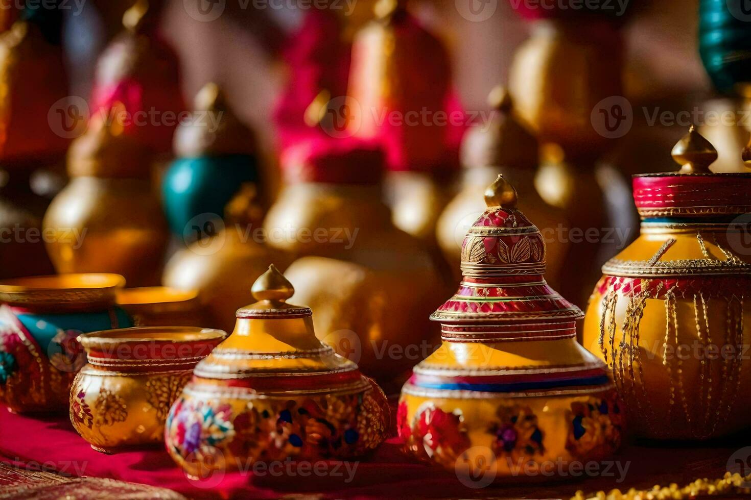 golden vases are lined up on a red table. AI-Generated photo