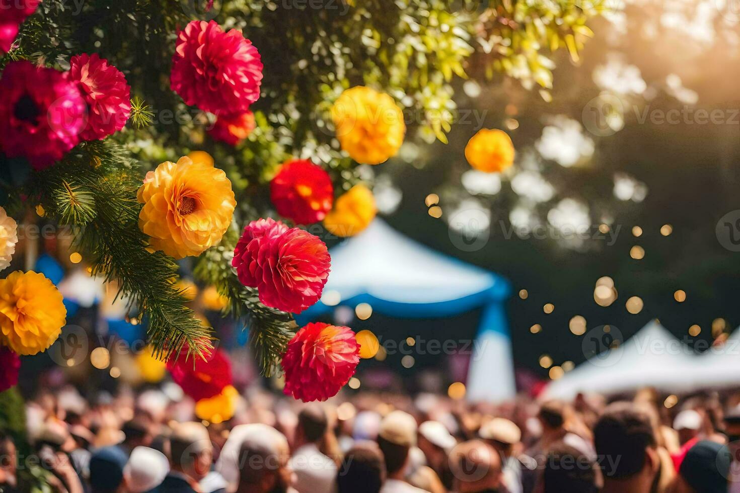 a crowd of people at a music festival with colorful flowers. AI-Generated photo