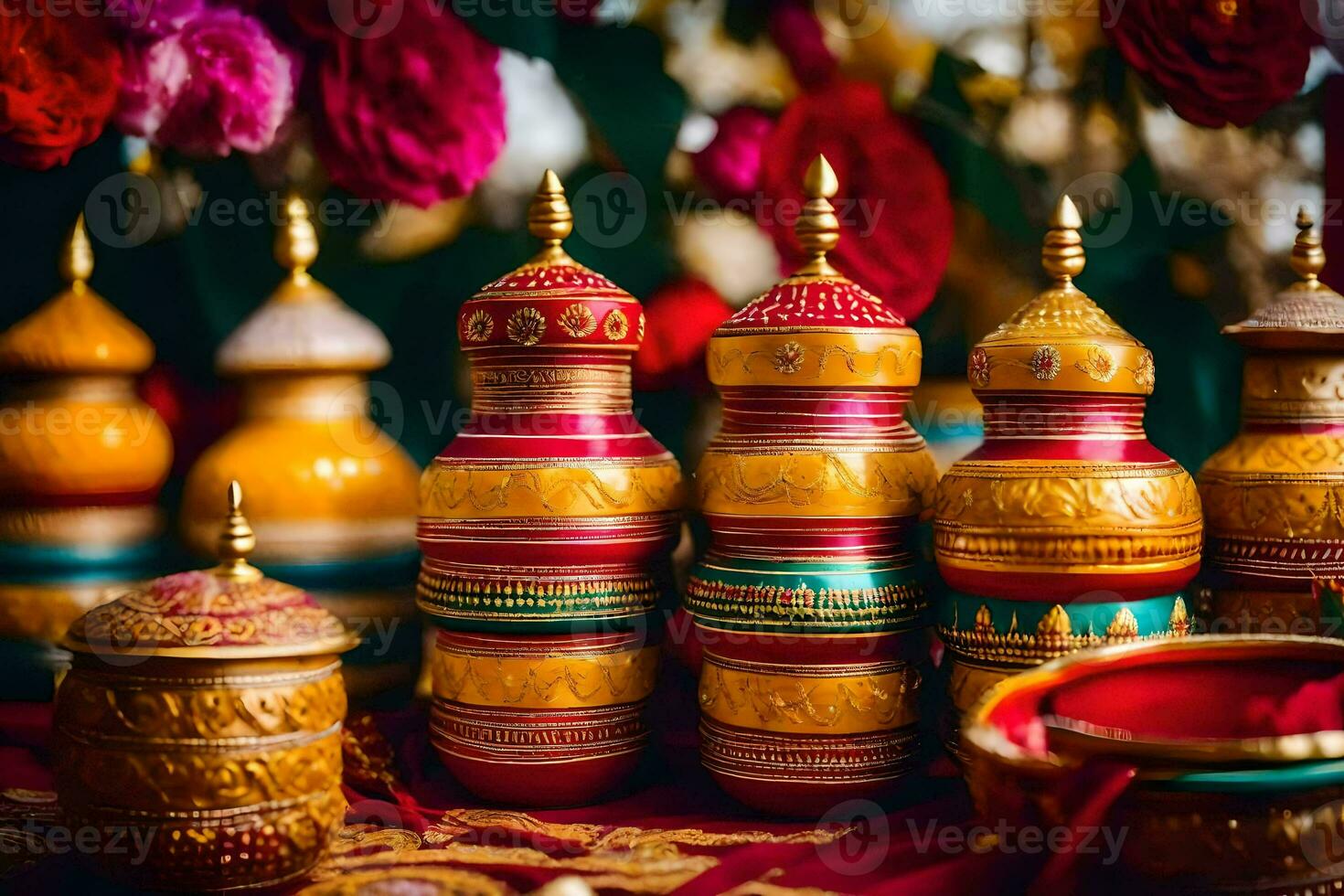 indian wedding decor with colorful vases. AI-Generated photo