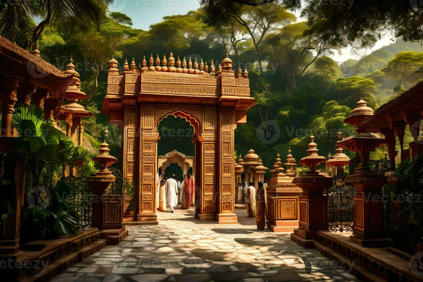 the entrance to a temple in the middle of a forest. AI-Generated photo