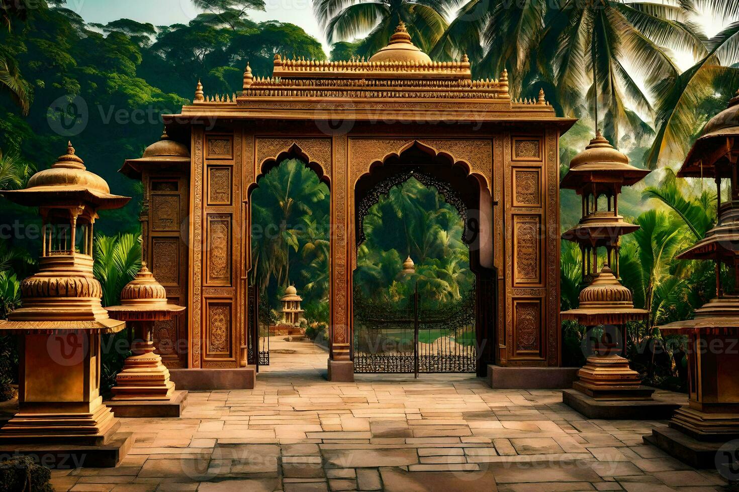 un indio templo con un de madera arco y palma arboles generado por ai foto