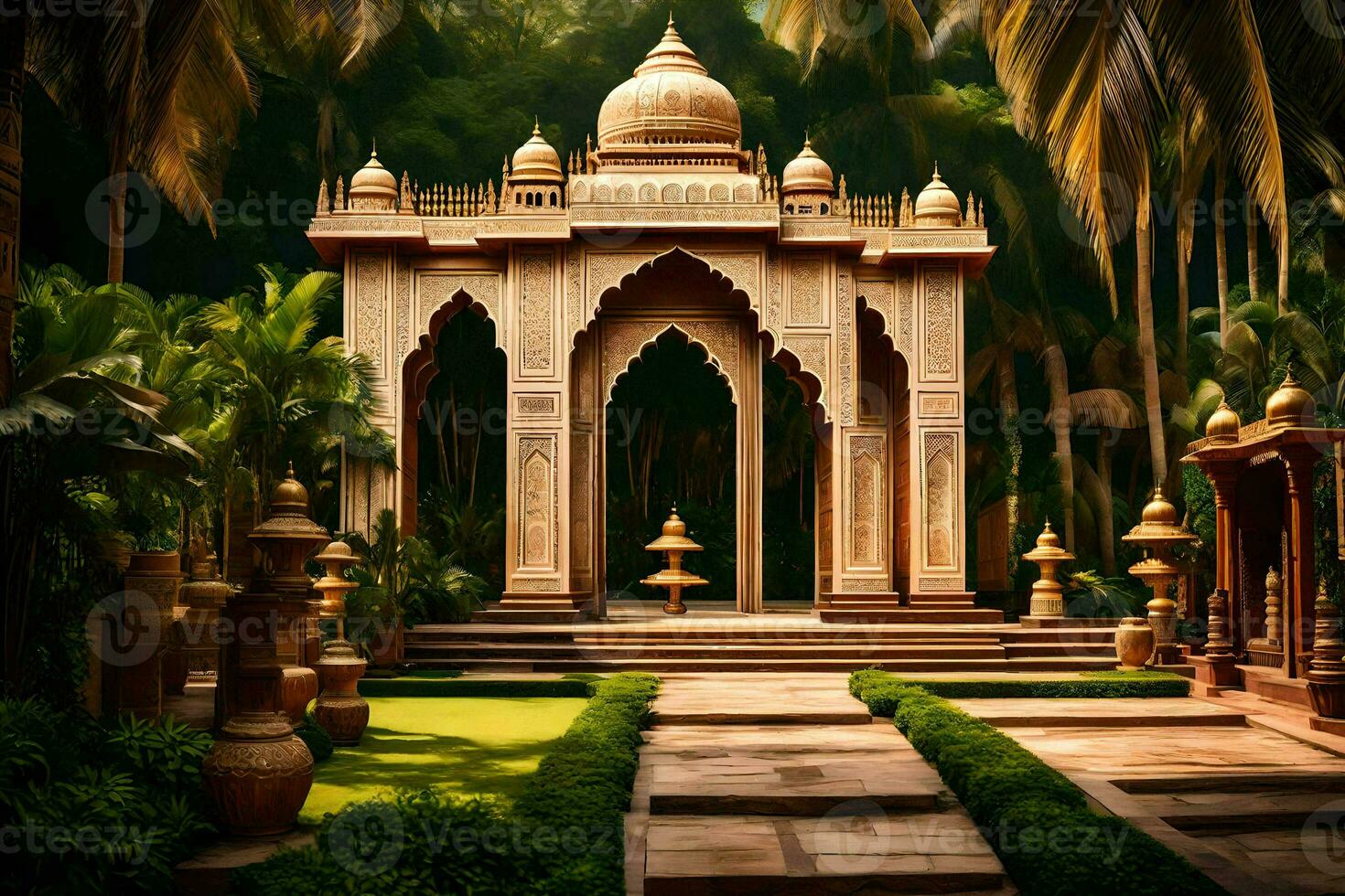 an indian temple in the middle of a lush green park. AI-Generated photo