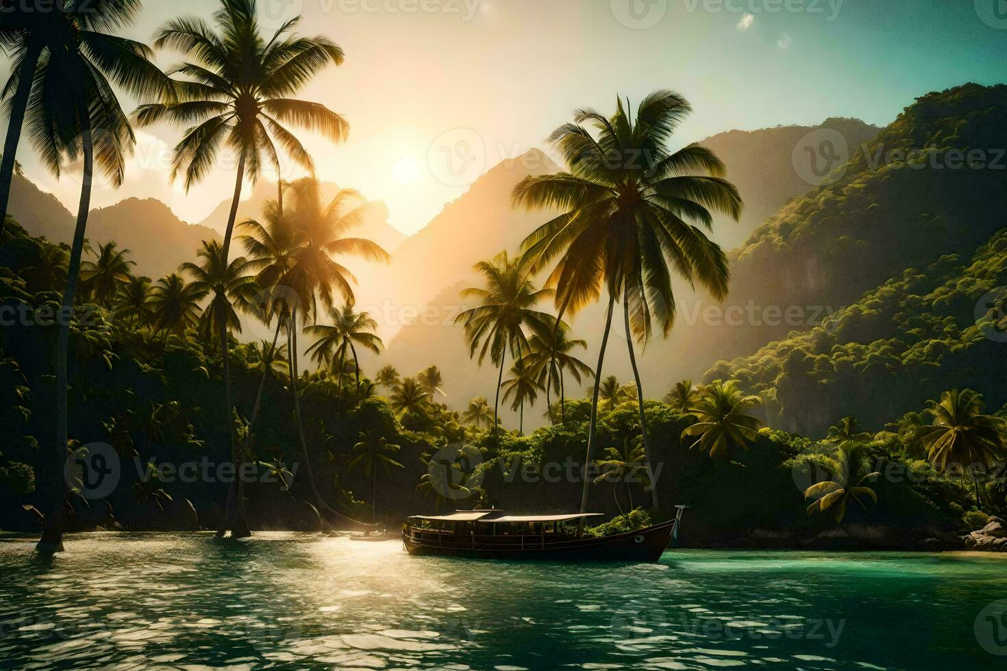 tropical island with palm trees and a boat. AI-Generated photo