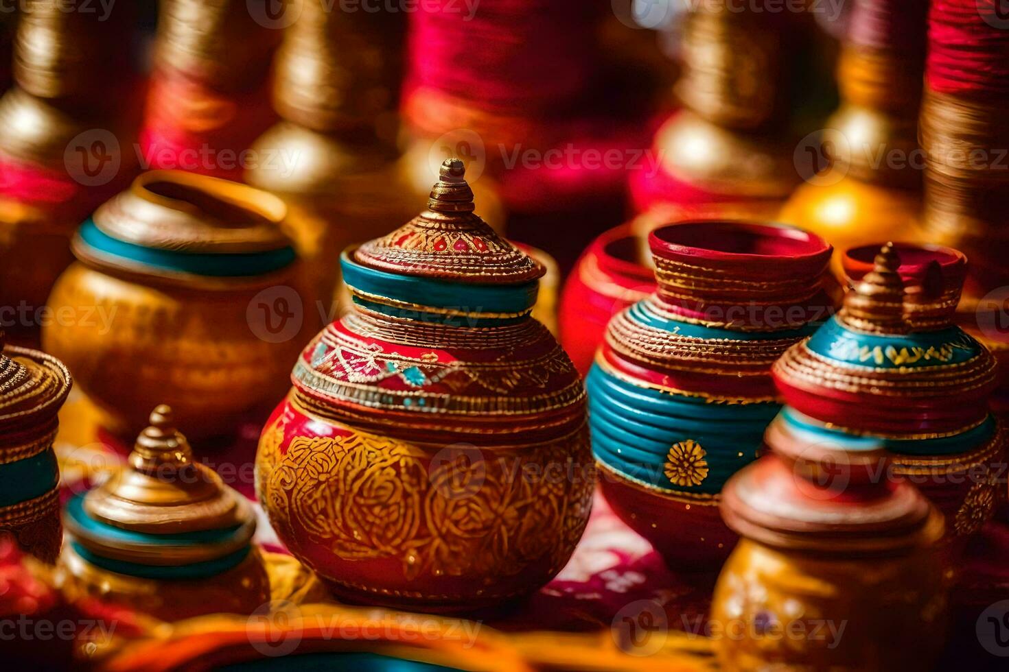 colorful pots and vases are displayed on a table. AI-Generated photo